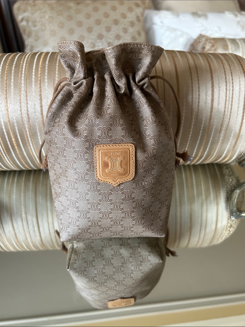 Celine Taupe Monogram Drawstring Toiletry Pouch